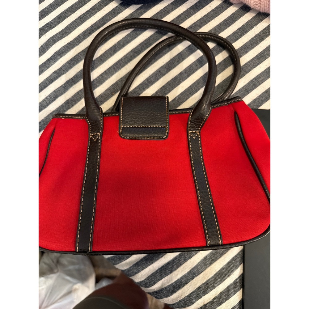 Etienne Aigner Red Canvas and Brown Leather Satchel Handbag Gold Logo Medallion - Picture 6 of 6